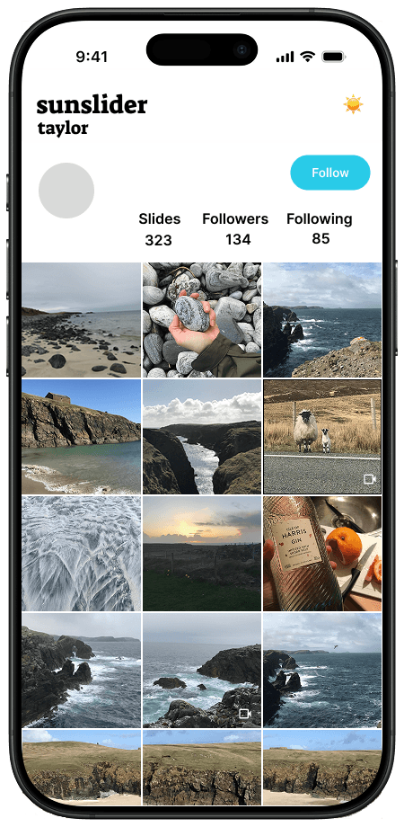 Sample Sunslider profile page showing a grid of landscape photos